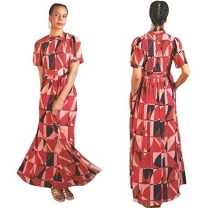 The Odells Red Marcia Smocked Top Flutter Sleeve Maxi Gown Dress XL